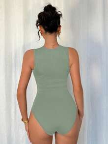 Rafferiza Petite Elegant Sexy Round Neck Sleeveless Knitted Splicing Irregular Mesh Black Spring And Women's Summer Bodysuit Bodysuit Top Mesh Bodysuit Sleeveless Bodysuit Bodysuit Top - Green - View 2