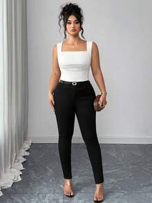 Elenzga 大码纯色无袖宽肩带修身褶皱圆领针织背心 - 白色 - 查看 3