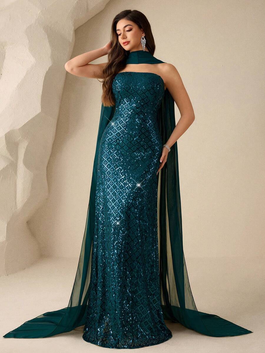 Coutiva Luxury Sequin Formal Dress, High-End Elegant Party Gown - Dark Green - View 1