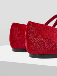 MOTF WOMEN ELEGANT VERSATILE COMMUTING VELVET FLORAL EMBROIDERY BUCKLE STRAP FLATS VALENTINE'S DAY SPRING SHOES - Red - View 8