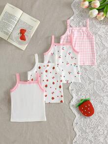 SHEIN Bộ 4 áo hoa nhí cho bé gái, thoải mái và thời trang theo phong cách đồng quê, phù hợp cho mùa xuân/hè. - Hồng - Xem 2