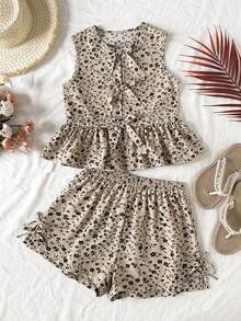 SHEIN 2pcs/Set Tweeb Girl Ditsy Floral Sleeveless Top & Loose Casual Pants Set - Khaki - View 1