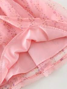 Young Girl Round Neck Mesh Floral Casual Loose Halter Dress - Pink - View 4