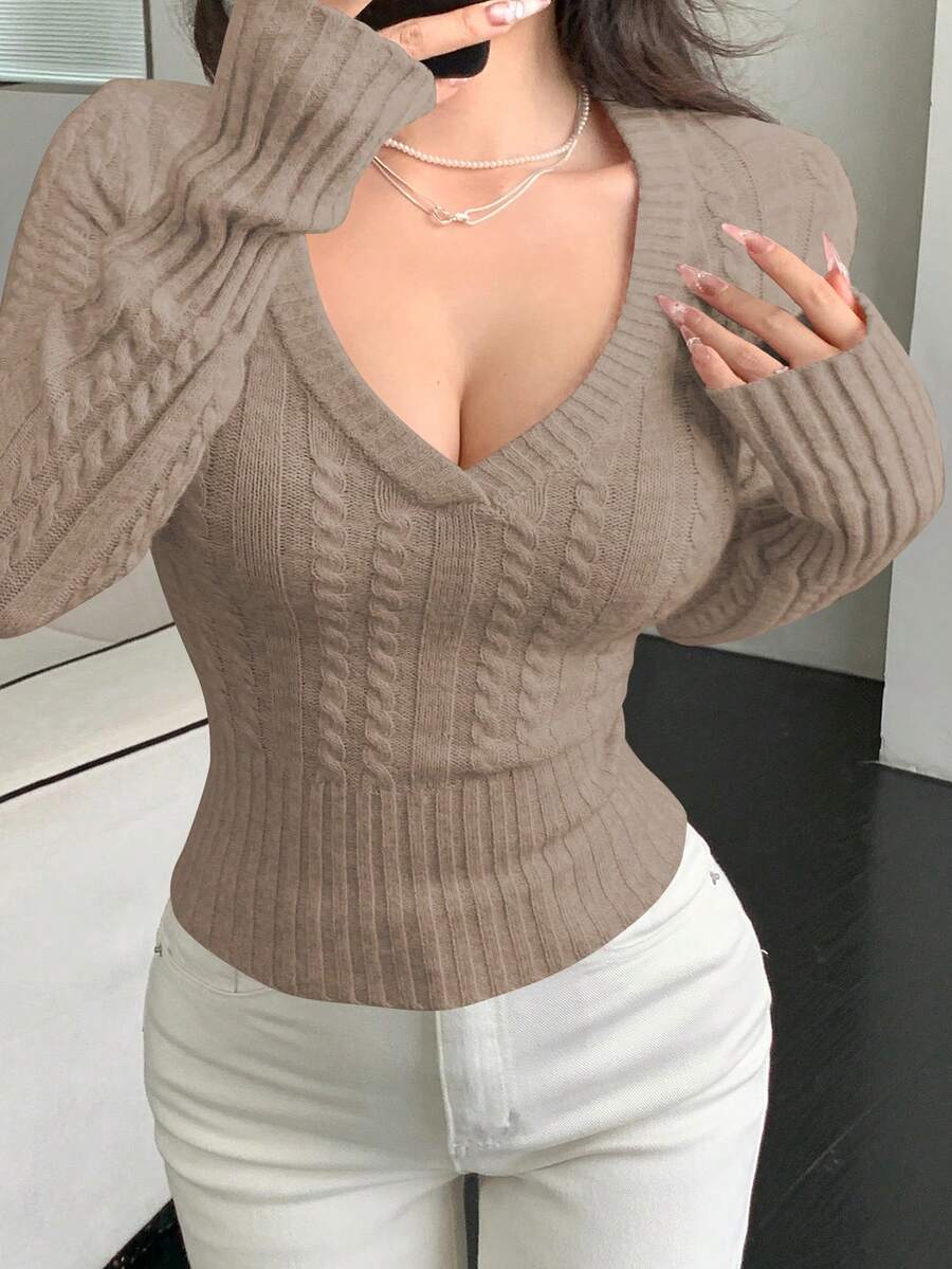 DAZY Women V-Neck Short Cable Knit Fitted Pullover Sweater,Fall Clothes - Khaki - View 1