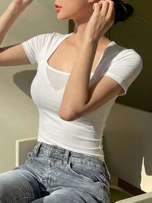 DAZY Women's Casual Solid Color Square Neck Short Sleeve Fitted T-Shirt, Summer Cute Tops Y2k - White - View 4