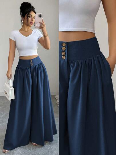 Elenzga New Women Casual Elegant Fashion Floral Buckle Design Loose Wide Leg Pants, Linen Khaki Color Long Trousers Suitable For Spring/Summer, Thanksgiving, Halloween, Versatile Loose Flowing Wide Leg Pants Long Wide Leg Pants Palazzo Pants Casual Wide Leg Pants Dark Blue Wide Leg Pants