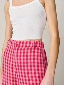 Nöista 红粉格纹高腰阔腿裤，内侧纽扣和拉链闭合。女士套装，适合春夏穿着，情人节、休闲、度假等场合。 - 粉色 - 查看 5