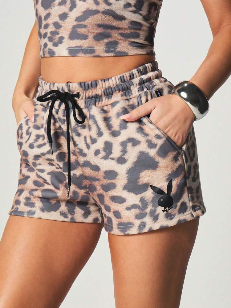 Missguided x Playboy Leopard Print Drawstring Jogger Shorts With Bunny Logo Detail And Elastic Waistband For Casual Loungewear