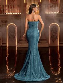 Glamrae Elegant Romantic Lace Strapless Asymmetrical Fish Line Shaped Mesh Sheer Fish Bone Trim High Slit Mermaid Tail Maxi Dress, Suitable For Weddings, Bachelorette Parties, Dates, Vacations, And All Formal Occasions - Grass Green - View 3