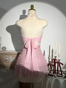 Elamini Women's Fashionable Sequin Ruffle Hem Strapless Dress, Summer - Pink - View 2