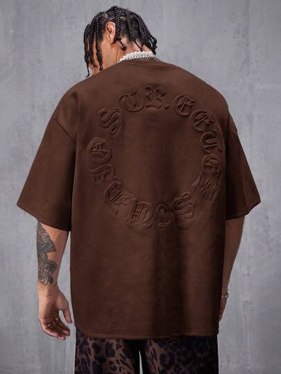 AXEPEAK 男士街头风透气绒面植绒宽松落肩圆领短袖T恤