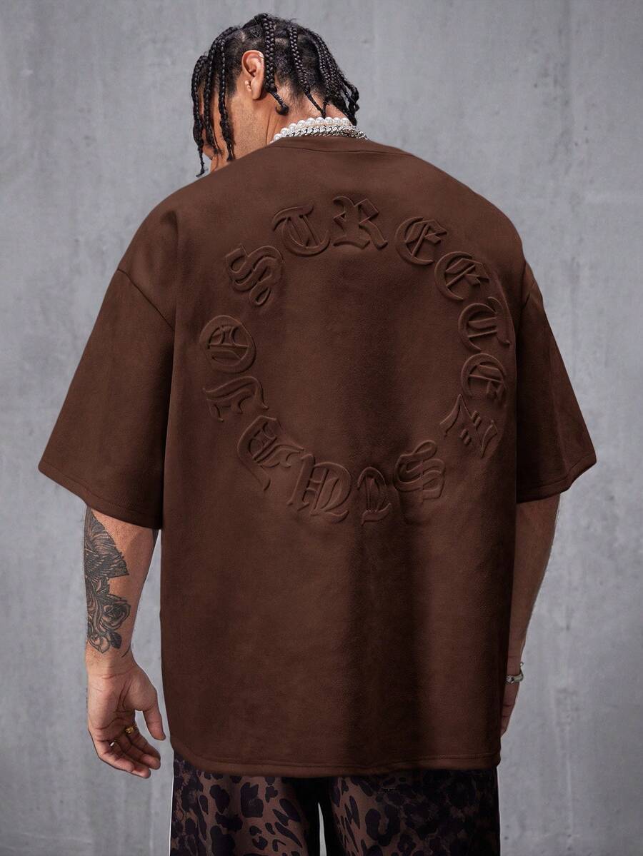 AXEPEAK 男士街头风透气绒面植绒宽松落肩圆领短袖T恤 - 咖啡棕 - 查看 1