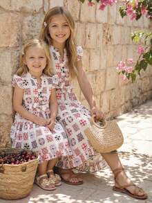SHEIN Tween Girl White Summer Boho Floral Print Dress, Tween Girl Button Front Cutout Collar Ruffle Hem Vintage Casual Dress For Vacation, Holiday Easter Clothes - White - View 1