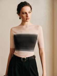 Revavyn Revavyn Blusa de punto casual de mujer con cuello redondo y manga corta, con diseño de patchwork, versátil para uso diario, Día de San Valentín, vacaciones y verano sexy - Negro - Ver 3