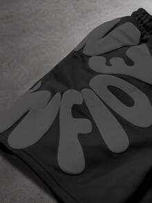 SLATEMANN Men's Summer Casual Letter Print Drawstring Waist Shorts - Black - View 4