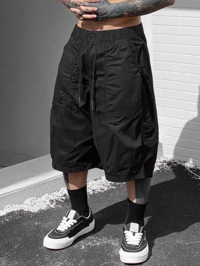 SLATEMANN Pantalones cortos casuales y versátiles de talla grande para hombres, de color negro y de longitud hasta la rodilla