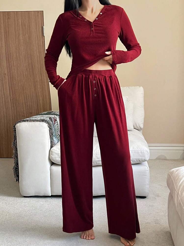 Comfortable Knit Partial Button Fitted Top And Loose Pants Women Sleepwear Lounge Set, Fall Winter Clothes, Cozy Outfit