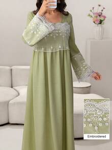 Yasmyna 优雅的牛油果绿女式连衣裙，蕾丝边饰，喇叭裙摆，长袖 - 綠色 - 查看 10