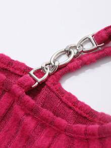 DAZY Women's Solid Color Asymmetric Collar Long Sleeve Side Slit Hem Fitted Ribbed T-Shirt, Autumn - Red - View 3