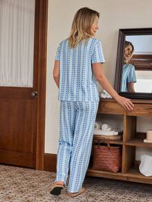 SHEIN Doze Lane Polka Dot Print Casual Round Neck Short Sleeve Pants Women Pajama Set - Baby Blue - View 2