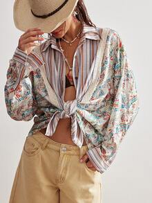 Bohemela Women's Casual Boho Woven Patchwork Long Sleeve Loose Blouse For Summer Holiday Vacation Beige - Multicolor - View 4