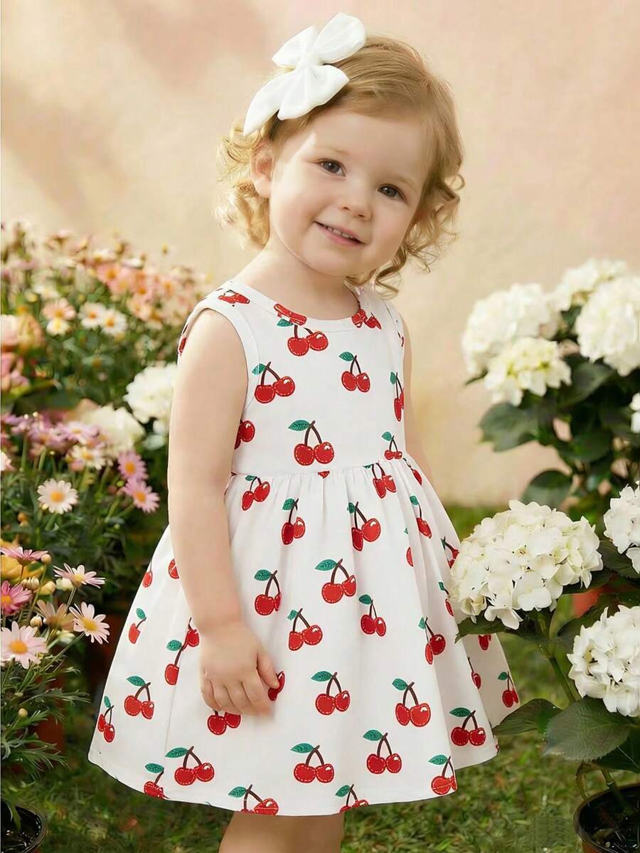 SHEIN 女婴樱桃印花圆领无袖连衣裙 - 白色 - 查看 1