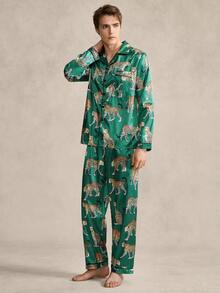 男士豹纹翻领长袖衬衫长裤睡衣套装，春秋季 - 彩色 - 查看 4