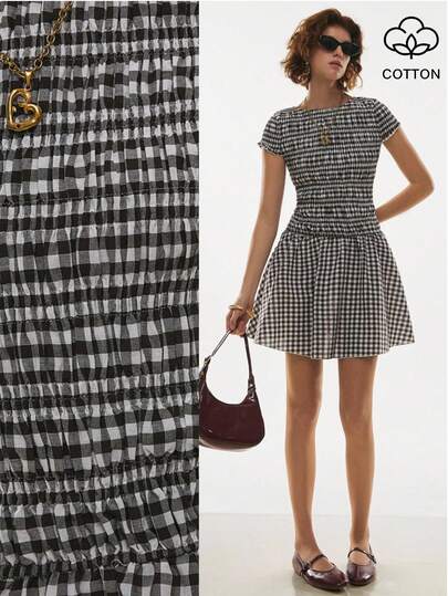 Poéselle Women's Cotton Gingham Smocked-Waist Cap-Sleeve Mini Skater Dress – Effortless Summer Picnic & Brunch Outfit Gingham Dress, Smocked Mini Dress, Skater Dress, Summer Picnic Outfit, Cottagecore Dress, Casual Sundress Casual Plaid Cinched Waist Mini Dress, Summer Dress Beach Dress Vacation Outfits Women