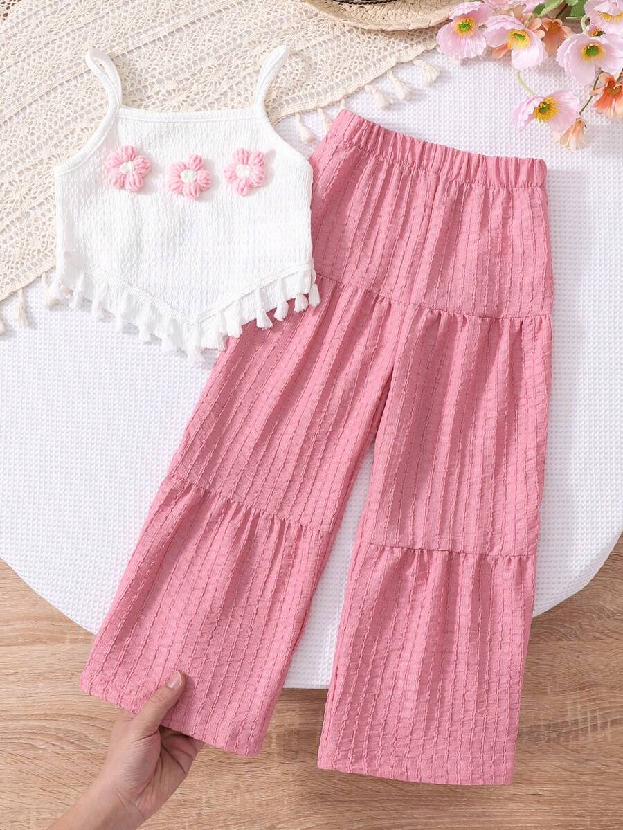 SHEIN Genkimix Kids 2件套女童夏季创意3D刺绣装饰吊带背心(荷叶边下摆)和休闲裤套装 - 粉色 - 查看 1