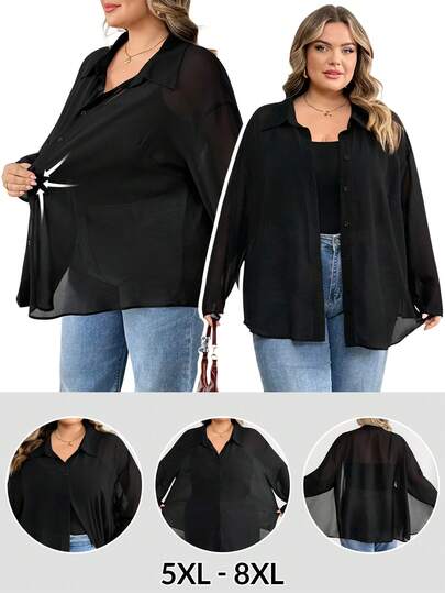 SHEIN CURVE+ 大码女装春夏时尚休闲宽松舒适日常黑色透视雪纺长袖纽扣衬衫，防晒衬衫，女式衬衫，女士夏季服装，女士度假服装/2026/新年