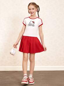 HELLO KITTY AND FRIENDS | SHEIN Tween Girls' Casual Cat Print Contrast Trim Short Sleeve T-Shirt, Summer - White - View 5