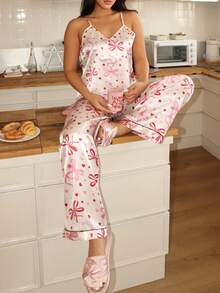 Lowkey Lull Bow & Heart Print Camisole Top & Pants Women Pajama Set - Multicolor - View 5