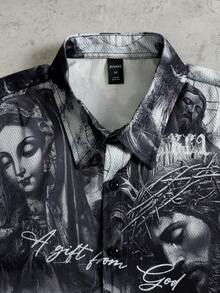 ROMWE MEN Street Life Camisa de manga corta con estampado gráfico casual para hombre, verano - Negro - Ver 3