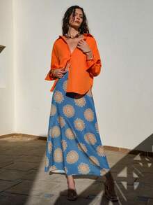 EURMUSE Sunburst Jacquard Maxi Skirt & Vibrant Poplin Shirt Set – Color-Block Summer Look, Effortless Day-To-Night Style, Mix & Match Summer Style, Breathable Cotton Fabric - Multicolor - View 1