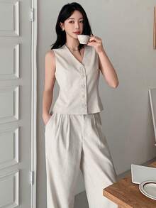 DAZY 女士V领无袖上衣和裤子两件套 - 米色 - 查看 6