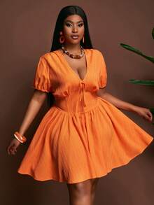 Slaydiva Summer Orange Vacation Holiday Plus Size Mini Dress,Deep V-Neck Short Sleeve Fitted A-Line Woven Texture Fabric Elegant Party Wedding Graduation Dress - Orange - View 10