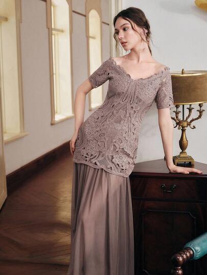 Anewsta Elegant Women's Off Shoulder Soluble Mesh Fitted A-Line Mini Ruffle Patchwork Dress