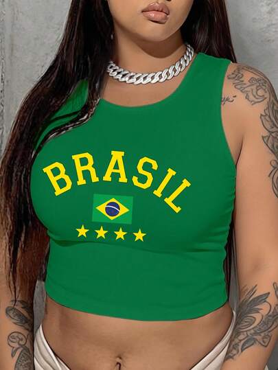 Flirla Plus Size Women's Y2K Brazilian Flag "BRASIL" Print Tank Top