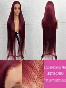 Straight Lace Front Wig, Human Hair Blend, 13x4 High-Definition Transparent Wine Red, No Glue Required, High-Temperature Silk Mixed With 30% Natural Hair Lace Wig, 200% Density, - SBUG - View 2