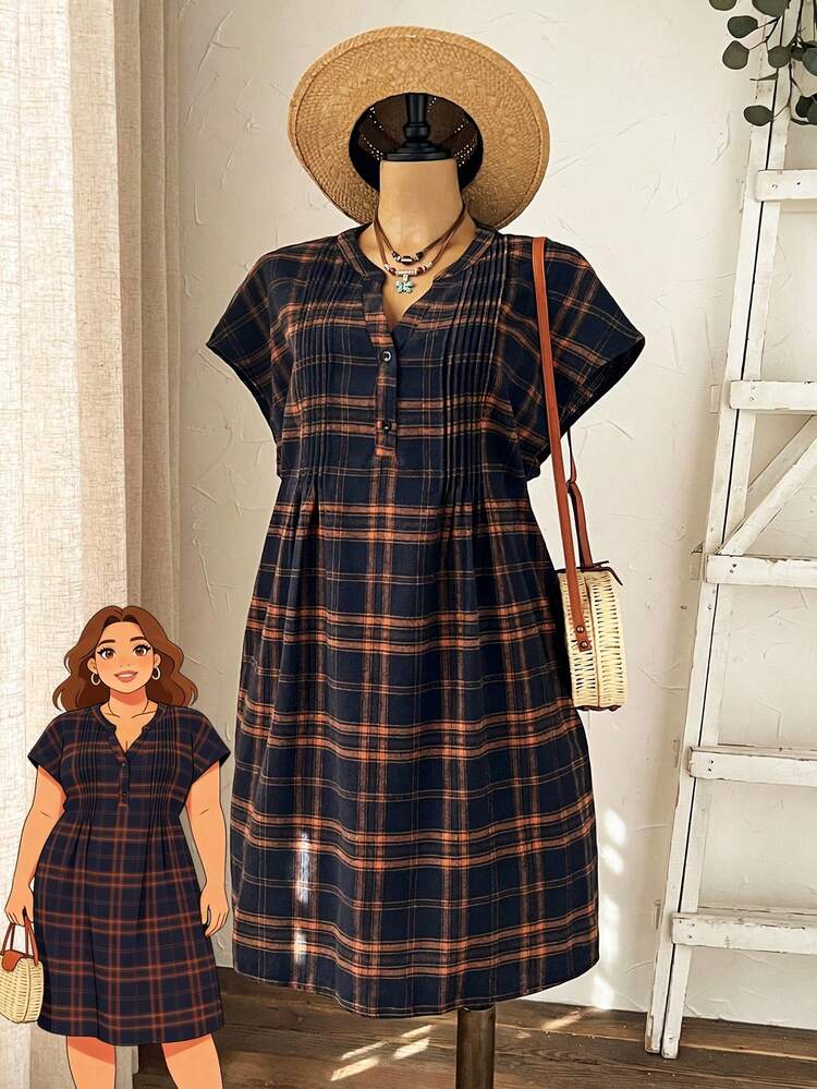 Plus Size Women's Summer Casual Vacation Plaid Notched Neck Casual Short Sleeve Dress,Early Spring,Spring Break Outfits ,Vacation Outfits Women ,Holiday Outfits For Women,Spring Dress Women,Going Out Outfits,2026 New Clothes,Simple And Fashionable For Everyday Wear,Plaid Dress Women, Women's Casual Dress, Short Sleeve Dress For Women