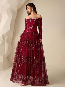 Coutiva 女士露肩正式晚礼服，饰有亮片边、网纱拼接和串珠下摆（装饰繁复） - 酒紅色 - 查看 5