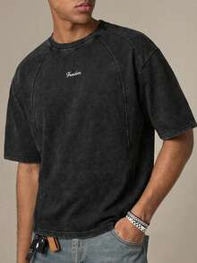 SWAVVY Men's Casual Loose Fit Black T-Shirt With Embroidered Snowflake Patchwork, Summer - Black - View 4