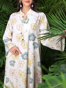 Al Najma Women's Elegant Arabic Style Floral Print Long Sleeve Tie-Waist Dress, Apricot Color, Spring/Summer - Apricot - View 7