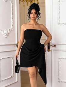 Elenzga Plus Size Elegant 3D Floral Asymmetrical Hem Strapless Waist Cinched Dress, Black Summer Curve Cocktail Tube Bandeau Dress - Black - View 3