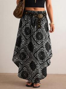 Freevana Plus Solid Curved Hem Tie Front Summer Skirt - Black - View 4