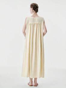 Aalyst Women's Solid Color Button Design Round Neck Sleeveless Casual Loose Mid-Length Dress - Butter Yellow - View 2