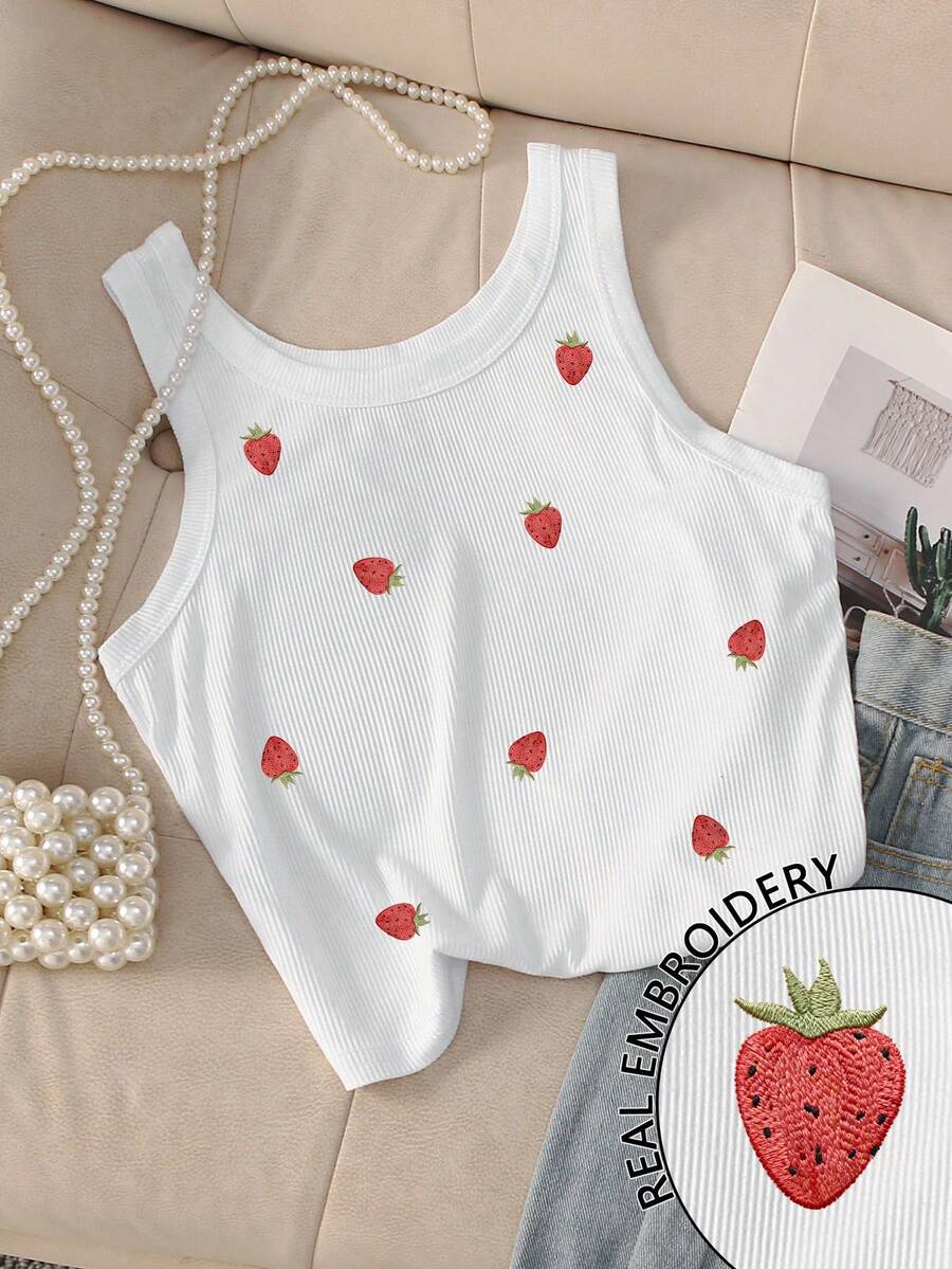 Resyla 草莓刺绣女士圆领吊带衫 - 白色 - 查看 1
