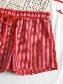 Swim Vcay 3pcs/Set Bohemian Style Crochet Fabric Drawstring Swimwear Cover Up Bikini Set - Rose Red - View 4