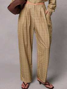 Hauture 时尚复古格子口袋装饰直筒裤 - 黃色 - 查看 2