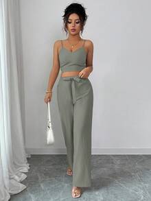 Elenzga petite 女款休閒純色高腰吊帶背心與寬腿褲套裝，休閒兩件套，優雅小碼女款 - 灰色 - 查看 4